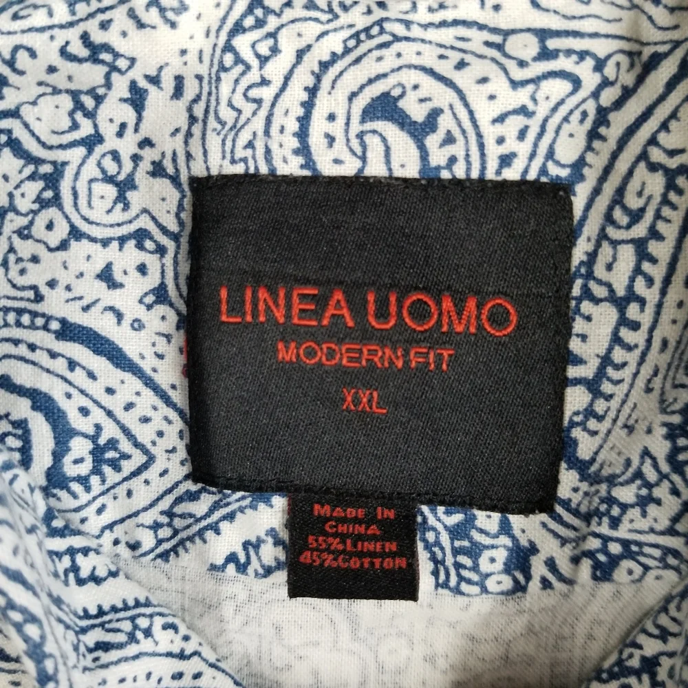 Linea Uomo Mens 2XL Shirt Linen‎ Blend Short Sleeve Button Blue Paisley All Over - Picture 3 of 8
